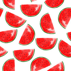 Seamless pattern with watercolor watermelon slices on white background