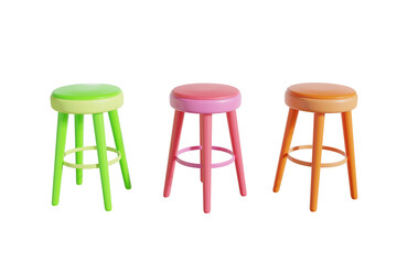 Wooden chair or bench, steel, green plastic pink and yellow circles Cut or separate from the background. 3D rendering.