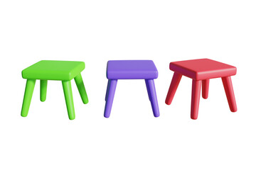 Wooden chair or bench, steel, green plastic Red and purple in square shape Cut or separate from the background, 3D rendering.