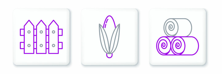 Set line Roll of hay, Garden fence wooden and Corn icon. Vector