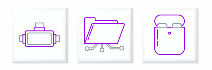 Set line Air headphones in box, Virtual reality glasses and Folder and lock icon. Vector