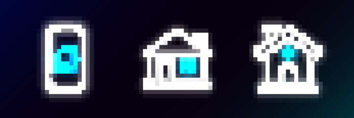 Set line House, Mobile phone with smart home and icon. Glowing neon. Vector