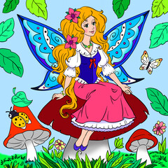 Obraz na płótnie Canvas colorful artistic drawing of a pretty and kind fairy with beautiful wings sitting on a mushroom in the fairytale forest