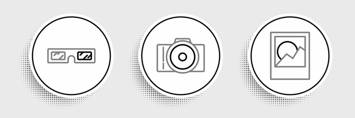Set line Photo frames, 3D cinema glasses and camera icon. Vector