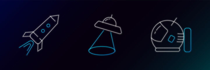 Set line Astronaut helmet, Rocket ship with fire and UFO flying spaceship icon. Glowing neon. Vector