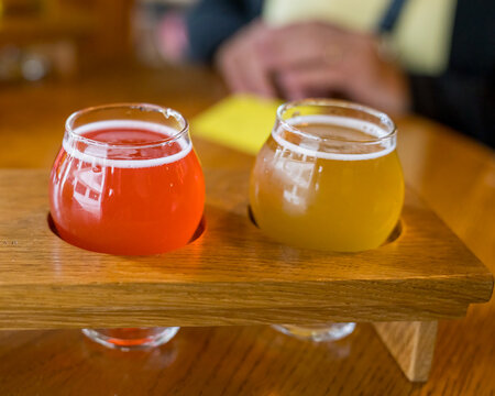 Reykjavik, Iceland - July 4, 2022 closeup view of a sampling of craft beers at popular Skúli Craft bar. Serving over 130 sorts of quality craft beer in a relaxed atmosphere.