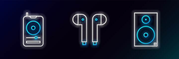 Set line Stereo speaker, Music player and Air headphones icon. Glowing neon. Vector