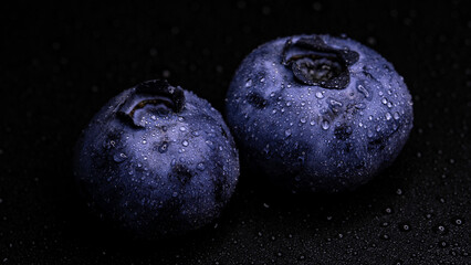 detailed blueberries on a black background with drops 