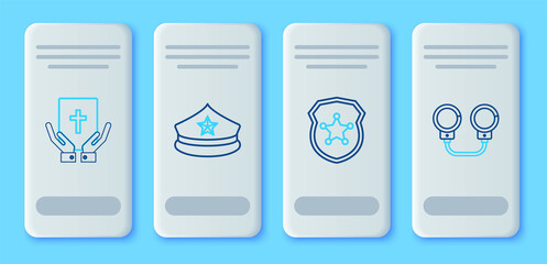Set line Police cap with cockade, badge, Oath on the Holy Bible and Handcuffs icon. Vector