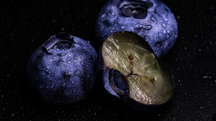 juicy blueberries with drops close-up