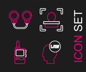 Set line Head with law, Walkie talkie, Face recognition and Handcuffs icon. Vector