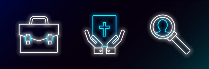 Set line Magnifying glass for search, Briefcase and Oath on the Holy Bible icon. Glowing neon. Vector