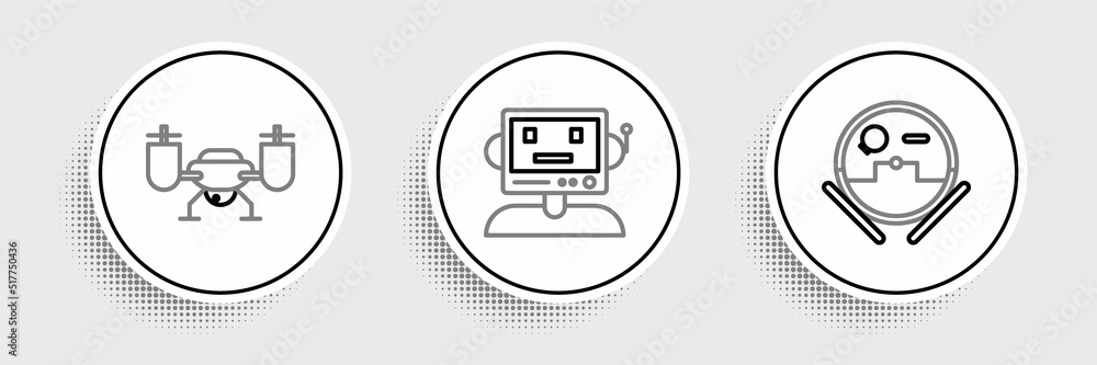 Poster set line robot vacuum cleaner, drone flying with action camera and icon. vector