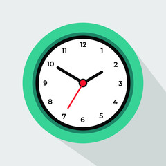 Green alarm clock showing two o'clock, isolated on white background. Flat design. Vector illustration.