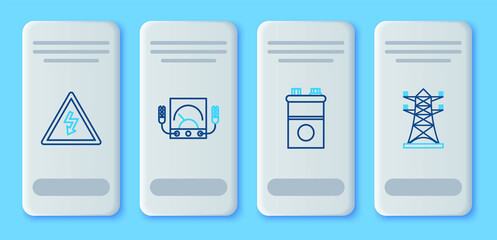 Set line Ampere meter, multimeter, voltmeter, Car battery, High voltage sign and power pole line icon. Vector