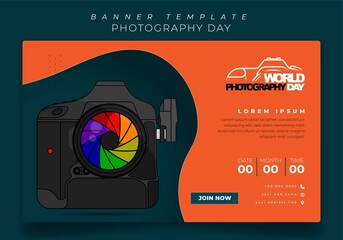 Banner template design in orange background with camera design for photography day design