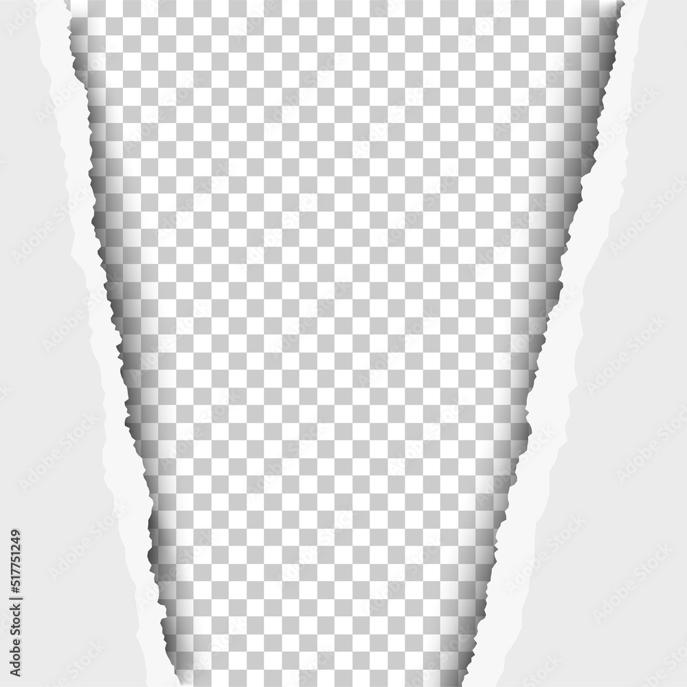 Wall mural torn, snatched vertical window with transparent background in sheet of white paper. vector template 