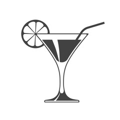 Vector icon of wine glass with slice of lemon and straw isolated on white background.