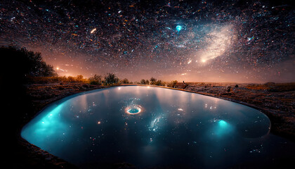 Abstract night fantasy landscape with a starry sky, a natural pool of water, a lake in which the galaxy, the milky way, the universe, stars, planets are reflected. 3D illustration.