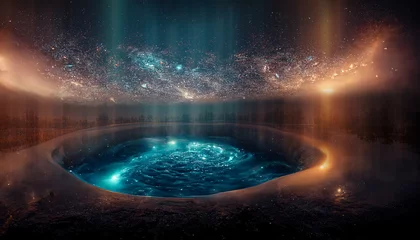 Fotobehang Abstract nachtfantasielandschap met een sterrenhemel, een natuurlijke plas water, een meer waarin de melkweg, de melkweg, het universum, sterren, planeten worden weerspiegeld. 3D illustratie. © MiaStendal