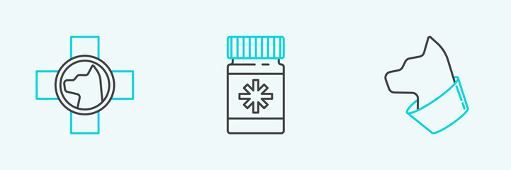 Set line Cat, Veterinary clinic symbol and Dog medicine bottle and pills icon. Vector