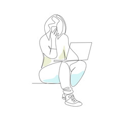 Vector illustration of woman with laptop drawn in line art style