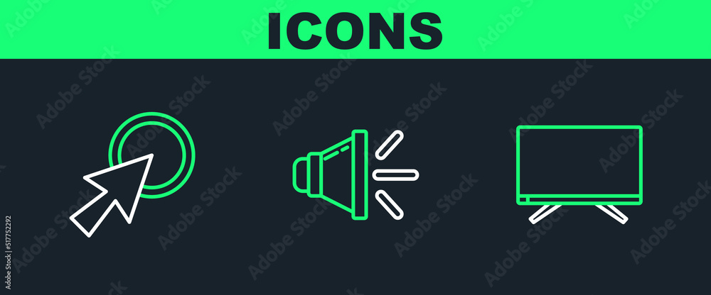 Poster set line smart tv, arrow cursor and speaker volume icon. vector