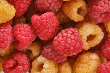 Background of ripe, fresh fruits, organic red and yellow raspberries. Shallow depth of field