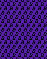 Bitcoin Seamless Pattern. Digital Currency. Fintech Blockchain. Black coin on a violet  Background.