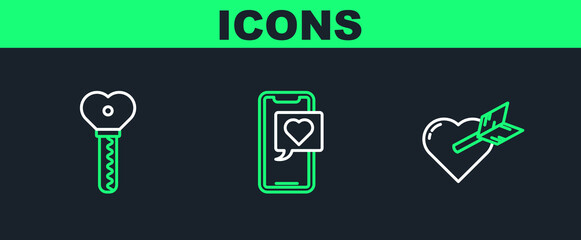Set line Amour with heart and arrow, Key in shape and Smartphone speech bubble icon. Vector