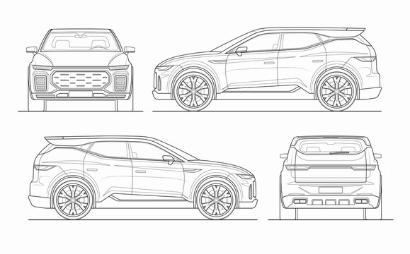 Modern SUV car mockup in outlines, contours. Set of blueprints of non-existent car. Side, front, rear view of a crossover vehicle isolated on white background. Vector illustration.