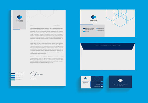 Stationery Set with Abstract Geometric Hexagon Elements in Blue Color