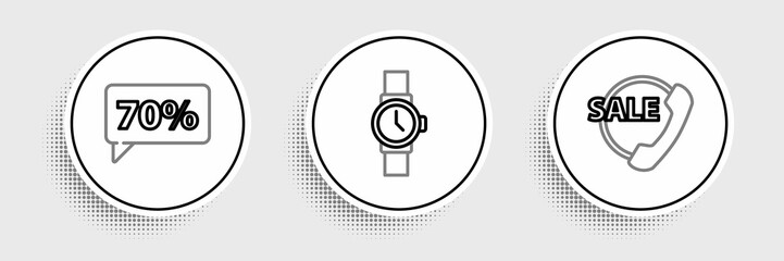 Set line Telephone 24 hours support, Seventy discount percent tag and Wrist watch icon. Vector