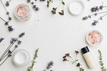 Skin cream, moisturizer and shampoo bottle. Lavender, oregano and satureja herbs with Himalayan...