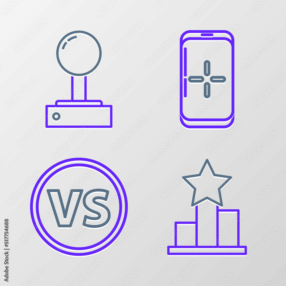 Poster set line star, vs versus battle, smartphone and playing in game and joystick for arcade machine icon