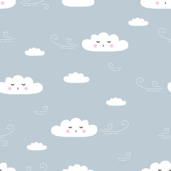 Vector seamless pattern with wind and clouds in cartoon style. Funny clouds characters
