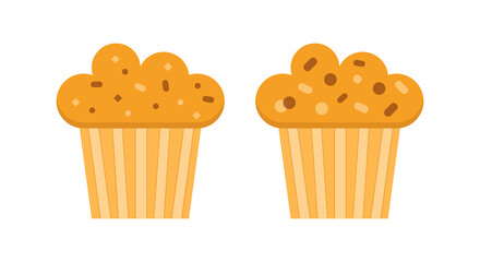Set of muffins color vector icons with chocolate. Flat cupcakes illustration. Cake desserts design.