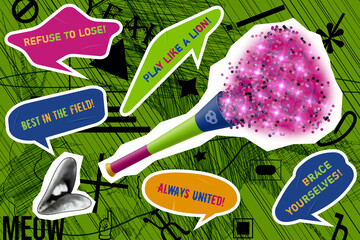 Football fans horn with glitter. Black and white lips. Sticky labels with slogans. Abstract background. Pop art style, retro, comic. Colorful text