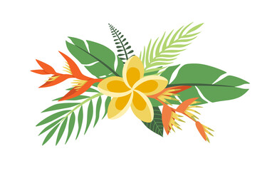 Bouquet with Plumeria, Heliconia, exotic palm and banana leaf isolated on white background. Card with vector floral illustration. Flat Plant Composition. Botanical summer decor
