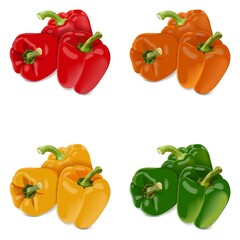 Three each red, green, yellow, and orange bell peppers for banners, flyers, posters, social media. Sweet bell peppers, capsicum. Vegetables. Vector illustration isolated on white background