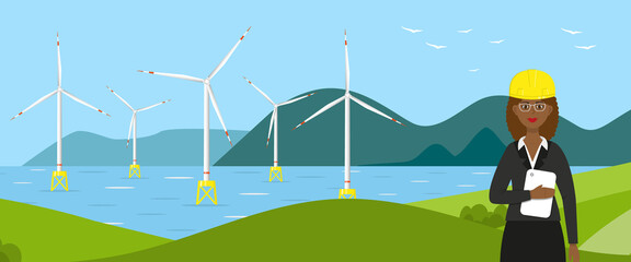 Wind turbines in the sea and an african woman engineer. Wind towers in the ocean and a worker. Offshore wind farm concept. Horizontal banner or poster. Flat vector illustration