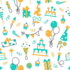 Birthday seamless flat line pattern design. Minimal color festive party elements on white background. Abstract balloon muffin present cake. Wrapping paper or wallpaper repeat tile vector illustration.
