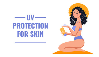 Banner with girl using spf gel. Concept of UV protection for skin, health care, protection sunburn, skin cancer prevention. Vector illustration in flat style.