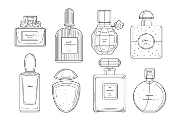 Hand drawn perfume bottles line icons set. Glass flasks with perfume, eau de toilette, fragrance in doodle style. Vector illustration