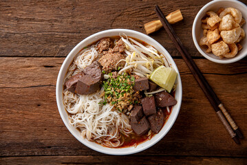 Khanom Jin Nam Ngiao. Rice noodles with spicy pork sauce. northern Thailand traditional Lanna food.