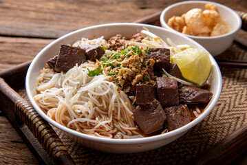 Khanom Jin Nam Ngiao. Rice noodles with spicy pork sauce. northern Thailand traditional Lanna food.