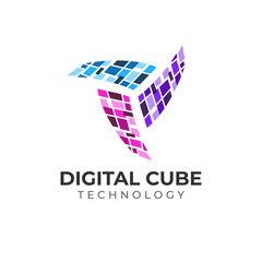 Digital Cube Logo Design with Abstract Futuristic Square Shape Combination Style Concept.