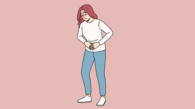 Unhealthy young woman touch belly suffer from stomachache or indigestion. Unwell female struggle with periods pain or pms. Motion, illustration. 