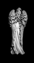 Death. Rear view of angel as symbol of pain, fear and end of life. Ancient stone statue. Black and white image.