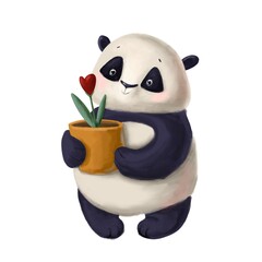 cute panda with heart flower in pot, watercolor style illustration, holiday clipart with cartoon character